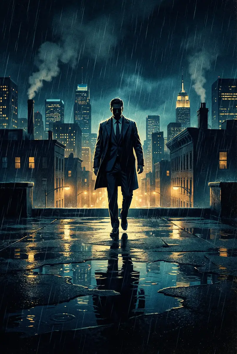 后入白丝 出品影片《雨夜独行者》海报，雨中城市屋顶男性剪影